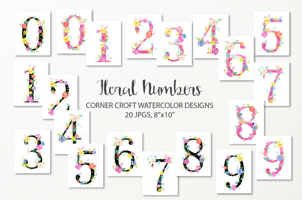 watercolor floral numbers, 0-9, instant download, corner croft artwork