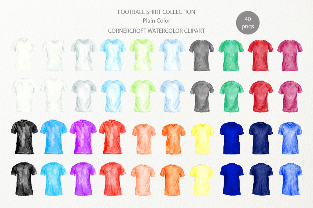 watercolor football shirt clipart, white, blue, grey, yellow, orange, red shirt illustration 