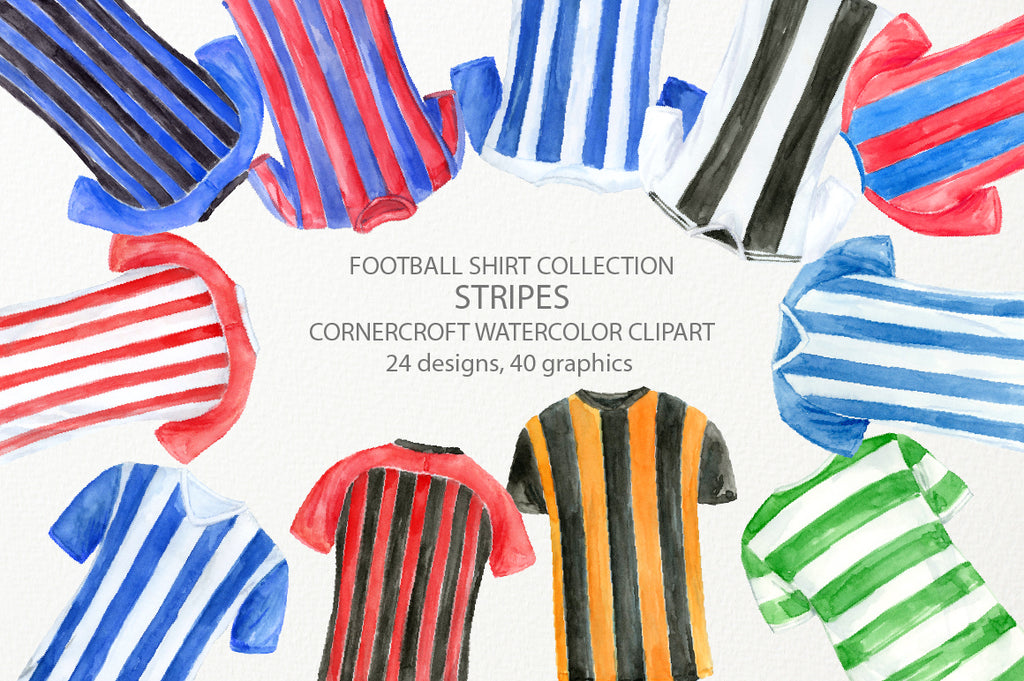 watercolor clipart of  football striped shirts, sport shirt, stripes, red, blue, yellow and black stripes 