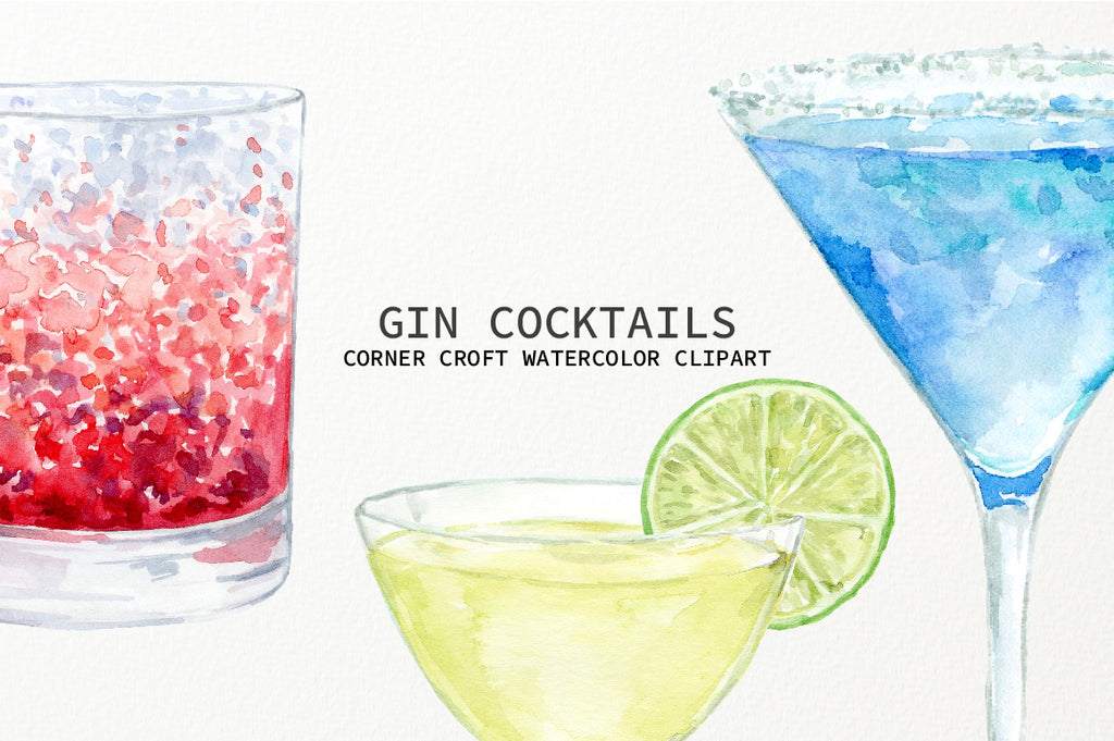 watercolor gin cocktail clipart, alcoholic drink clipart, gin and tonic, martini illustration  