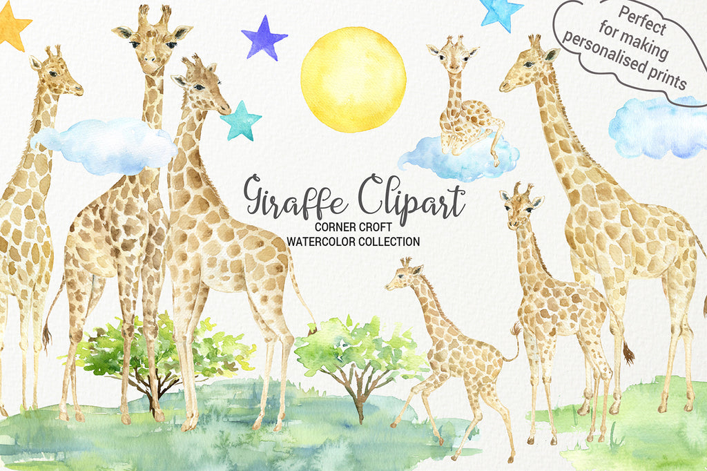 watercolor giraffe clipart, giraffe figurine, giraffe family, instant download 