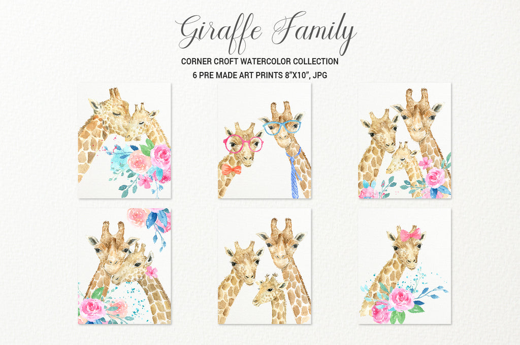 watercolor giraffe portrait, giraffe print, giraffe family print, instant download 