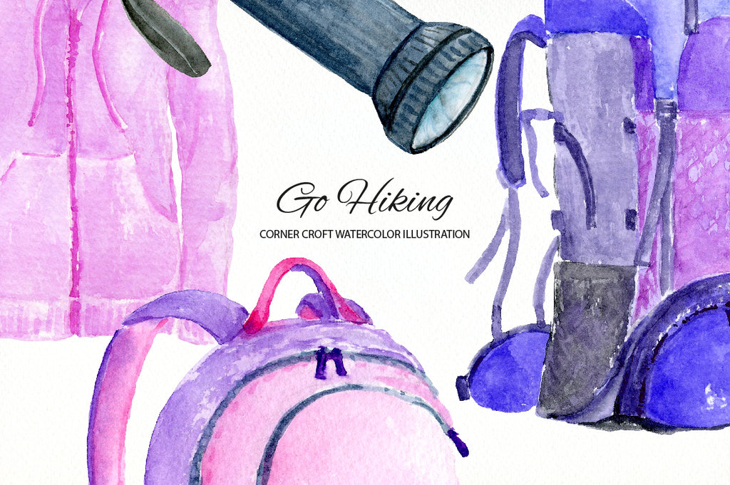 watercolour hiking gear illustration, watercolor clipart instant download