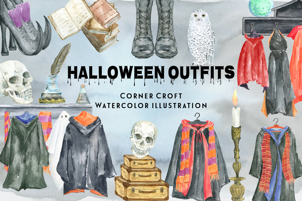 watercolor Halloween outfit illustration, Halloween coat on hooks, black coat, cloak, scarf, magic book, skulls, instant download 