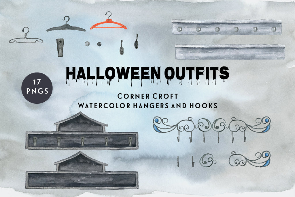 watercolor illustration coat hanger, cloth rack, black hook rack, instant download, halloween hooks.