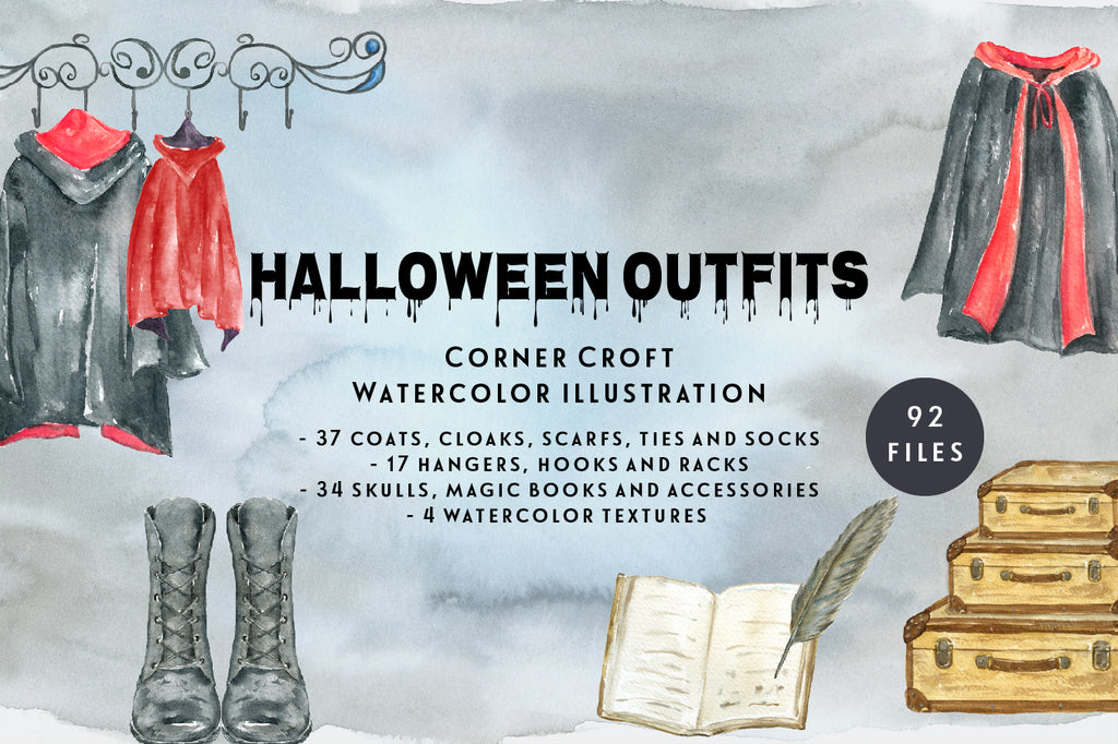 watercolor Halloween outfit illustration, Halloween coat on hooks, black coat, cloak, scarf, magic book, skulls, instant download 