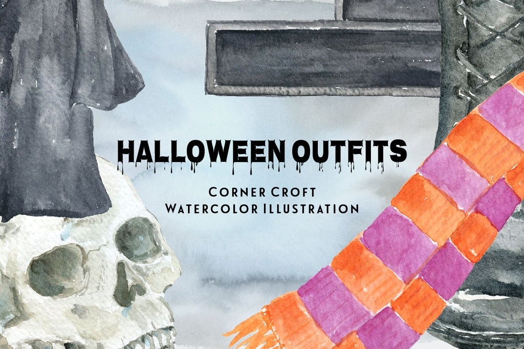 Halloween clipart, halloween outfit, costume, cloak, coat, witch's dress, tie, scarf, stocking and socks, instant download 