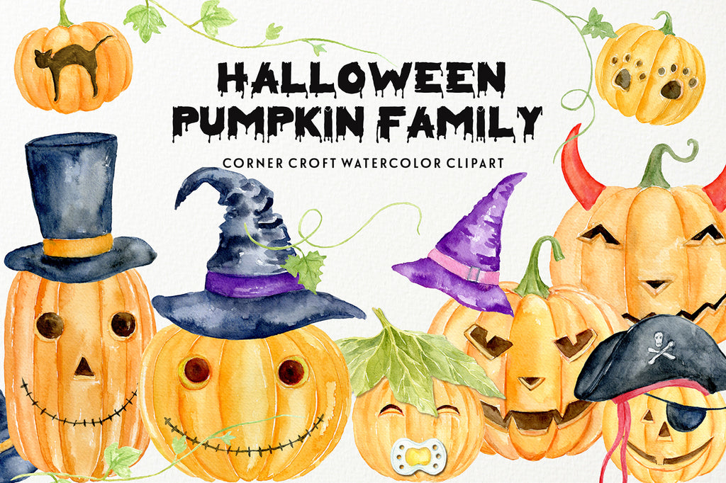 watercolor Halloween pumpkin family clipart, personalised print creator 