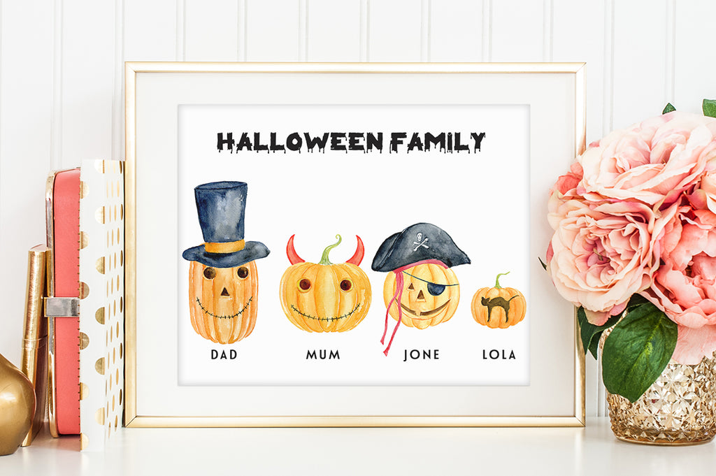 watercolor personalised print, halloween pumpkin family, instant download 