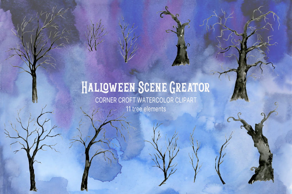 watercolor spooky trees, black trees, halloween trees, instant download 