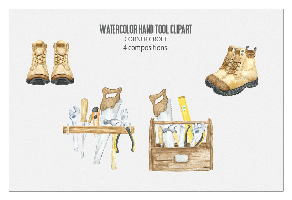 hand painted watercolour hand tools, realistic illustration, pair of boots, instant download 