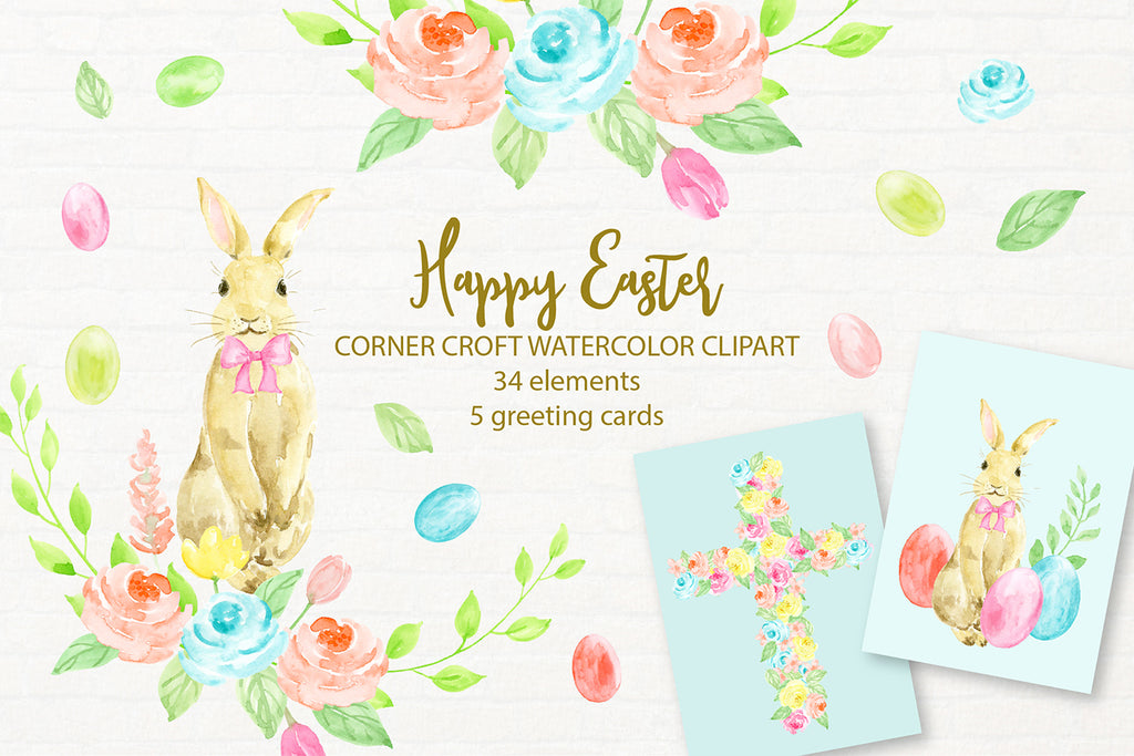 Happy Easter watercolor clipart and greeting cards