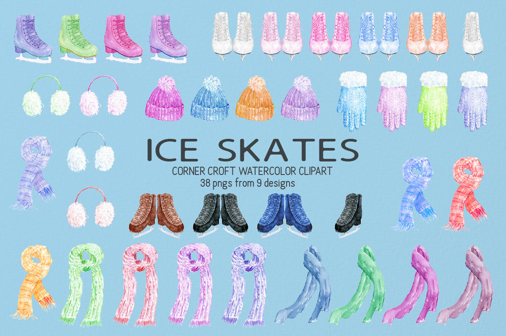 watercolor ice skates blue, white, yellow, pink, and red boots