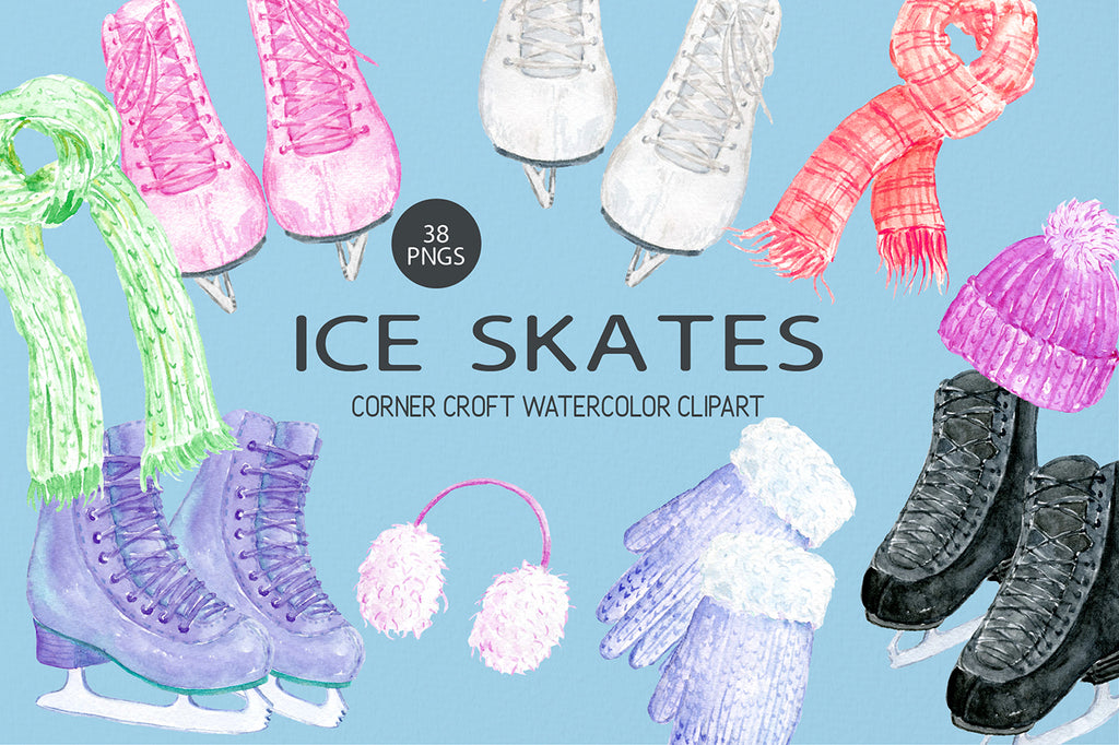 watercolor ice skates illustration, winter sport clipart