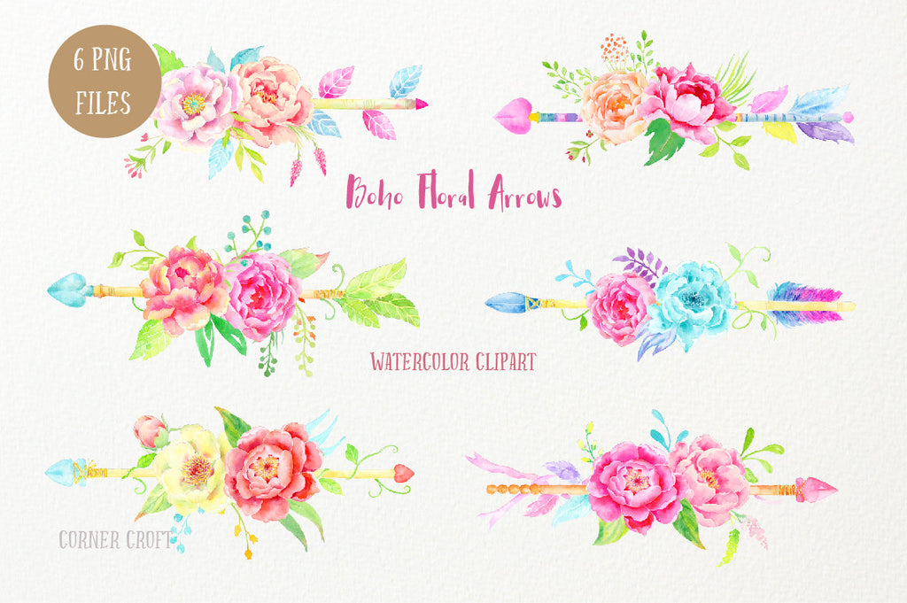 Waterclor boho floral arrow, peony arrow, wedding floral arrow, instant download, corner croft