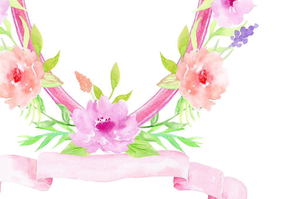 Watercolor Pink Floral Crest for Instant Download, wedding crest, family crest, crest printable.