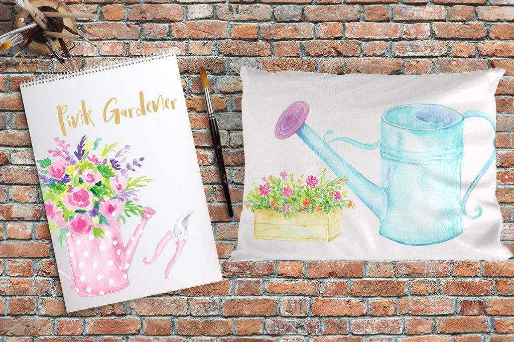watercolor pink theme garden tools (fork, trowel, Secateur), garden hat, wellington boots, watering cans, gloves, flower pots 