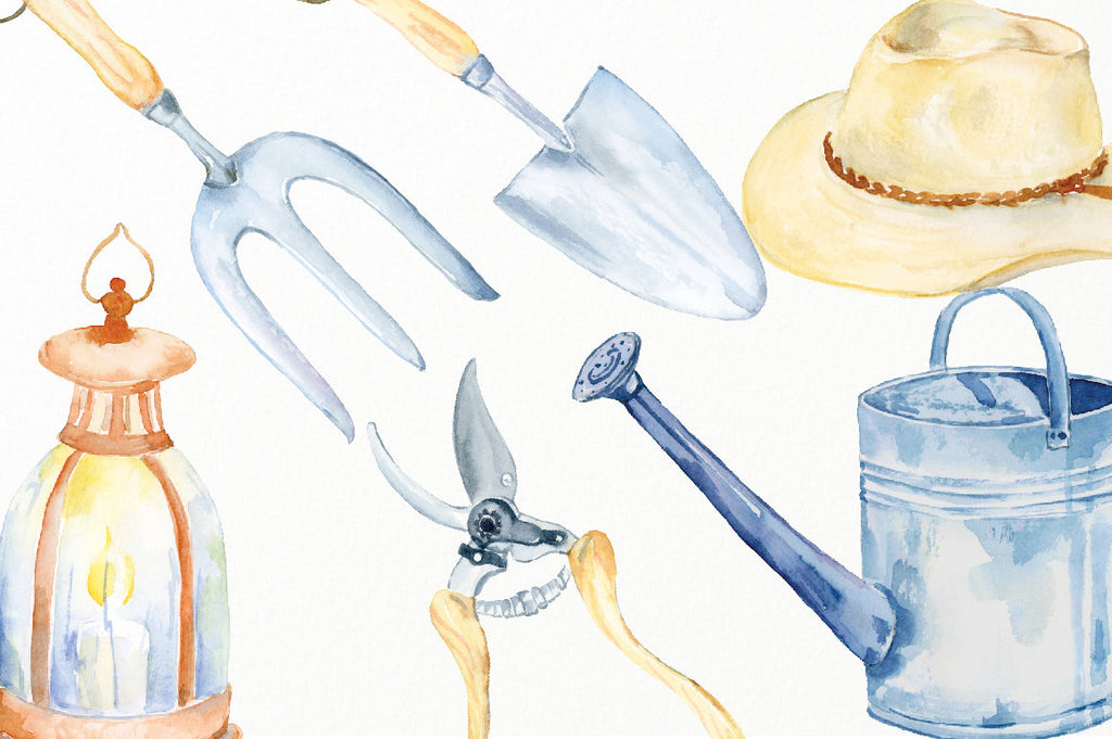 watercolor illustration of gentlemen tools, garden tools, man's garden tools (fork, trowel, Secateur), man's hat, wellington boots, watering cans, gloves, plant pots,