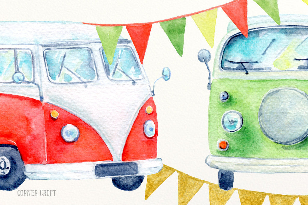 watercolour motor home, red and green leisure vehicles, instant download. 