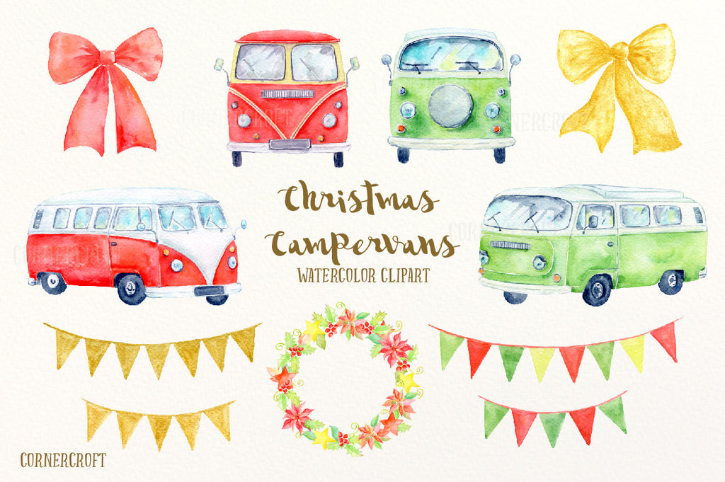 red camper van, green campervan, vintage leisure vehicle, Christmas clipart, digital image
