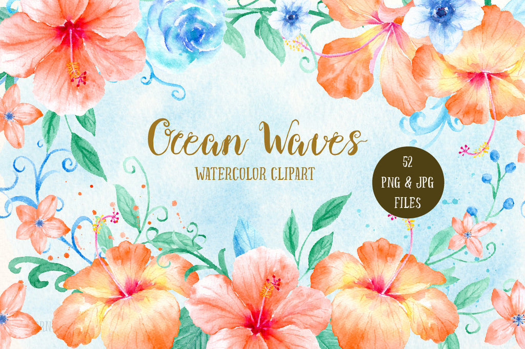 watercolor orange hibiscus, blue roses, swirls and curls, decorative elements, 