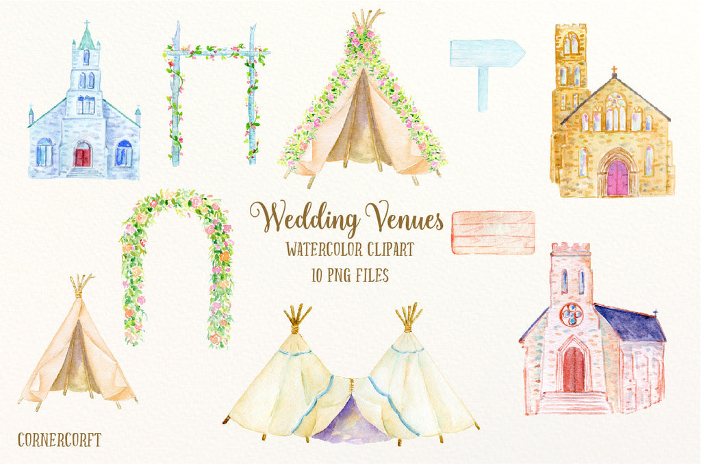 watercolor wedding venue, boho wedding, church, teepee, floral arch