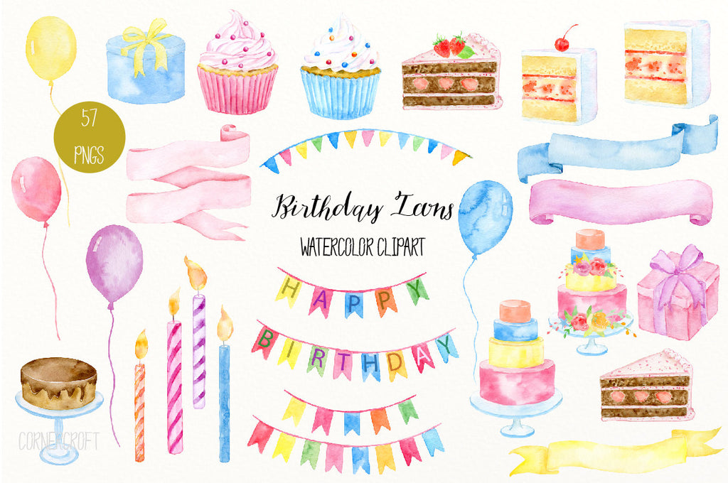 birthday icons, watercolor, ribbons, cake, hand painted, birthday clipart, clipart,birthday cake, banner, card, illustration