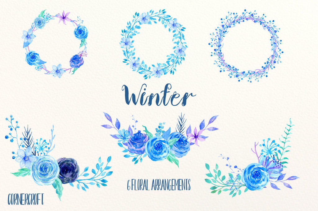 Blue flower clip art, Winter, watercolor blue & purple roses, flower, icicles and snowflake, floral arrangement, wreaths for instant download
