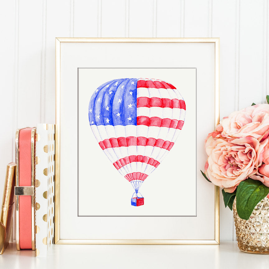 watercolor clip art, watercolor, blue, red, American flag, America hat, bow tie, hot air balloon
