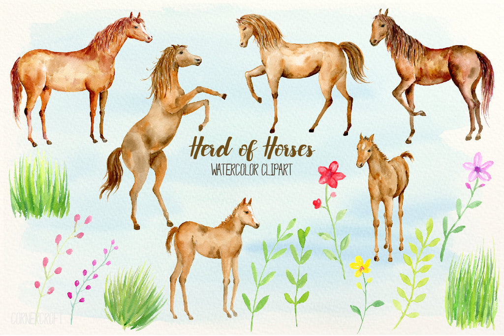 Horse Clip art, herd of horses, watercolor horse, horse clipart, brown horses, foals, herd of horses, horse family
