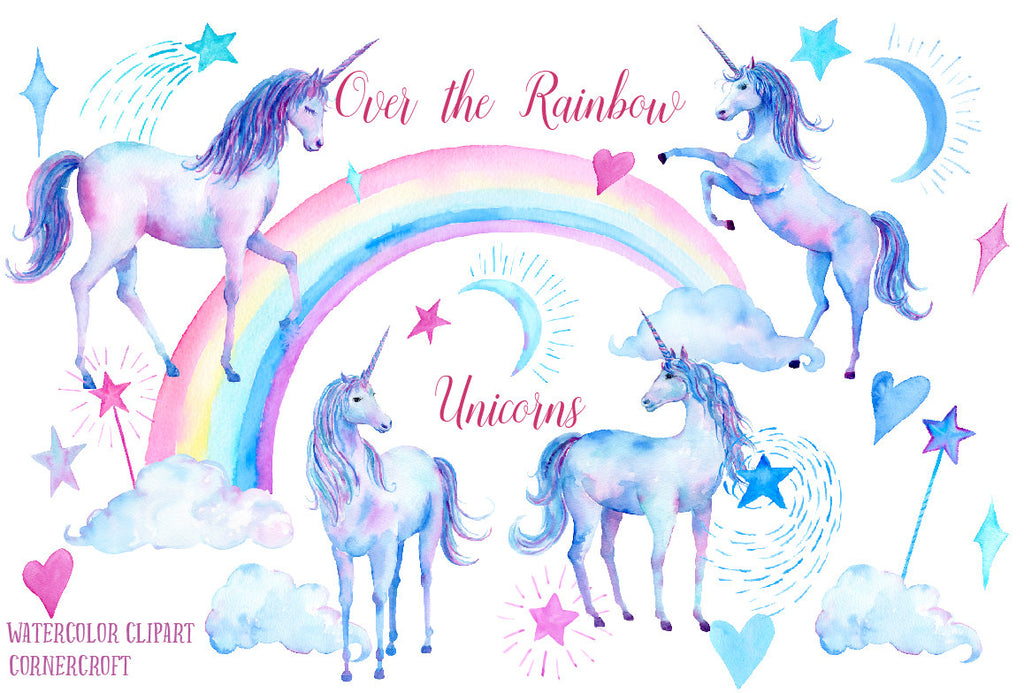 watercolor clipart unicorn, over the rainbow unicorn, blue unicorn, purple unicorn, unicorn illustration 