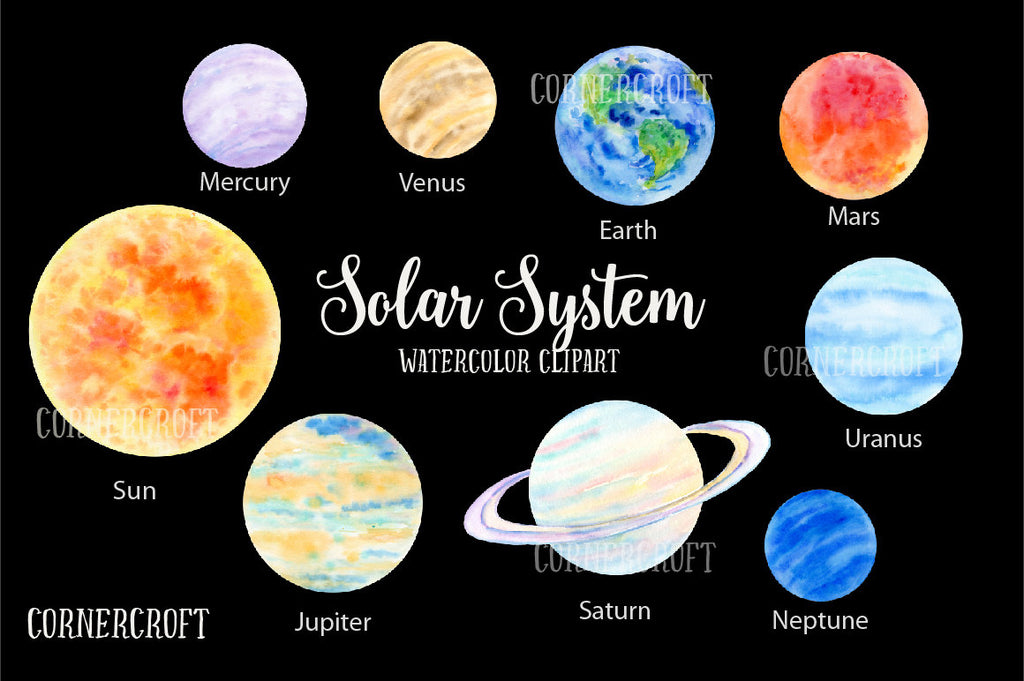 watercolor Sun, Mercury, Venus, Earth, Mars,Jupiter, Saturn, Uranus, Neptune for instant download