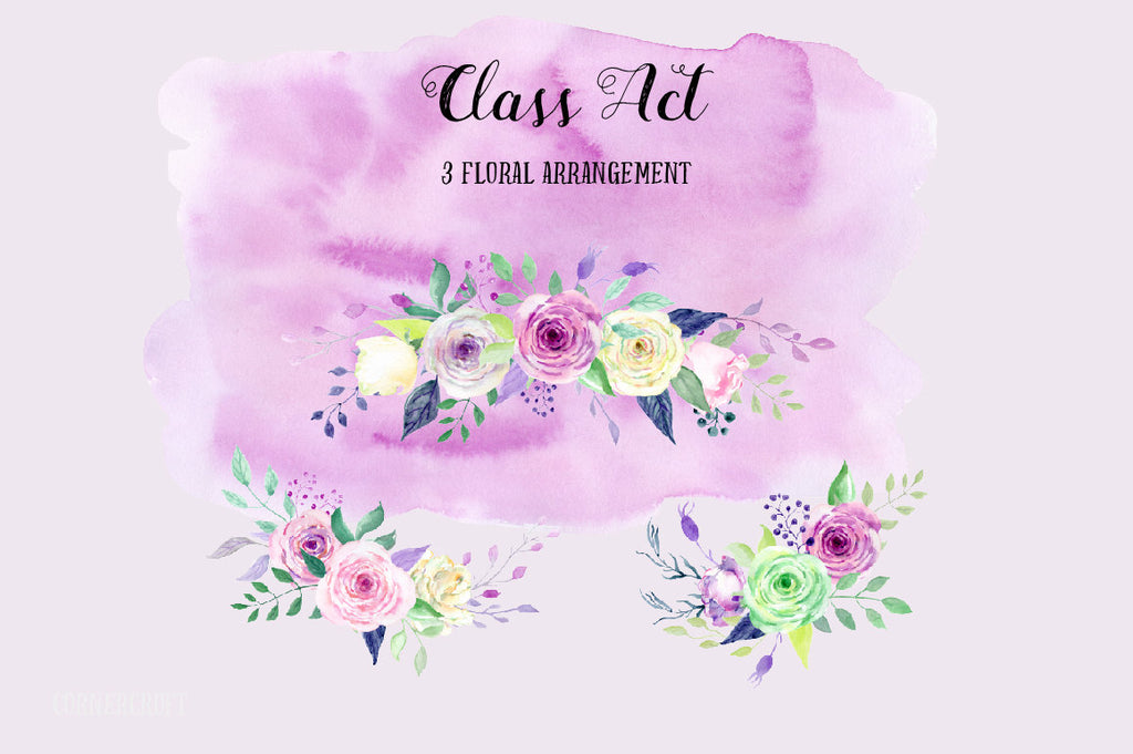 Hand painted watercolor subtle green, pink and purple roses, decorative elements, background texture and floral arrangements for instant download