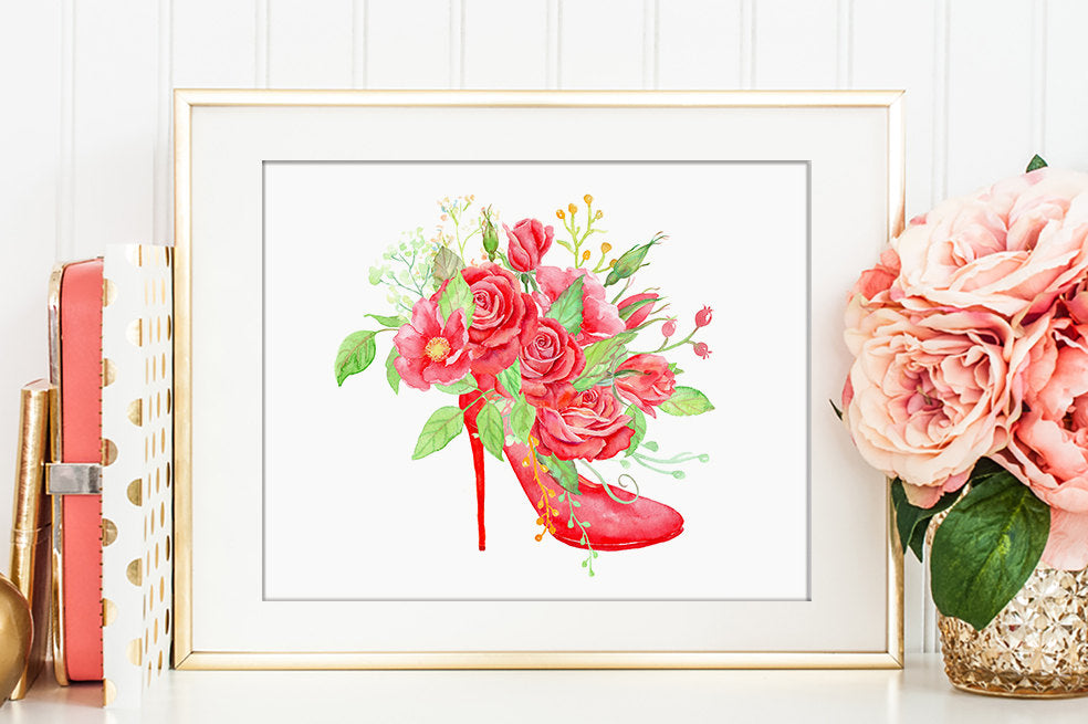 Watercolor Clipart Roses Are Red, red rose, wild rose, high heel shoe, rose bouquet, red flowers, watercolor texture  for instant download