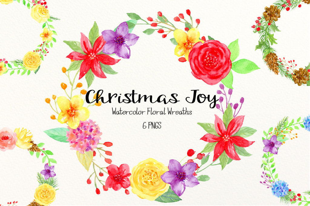 Christmas Joy - Watercolor Floral Wreath, Christmas wreaths in festive colors, red and yellow