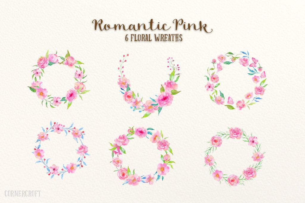 Watercolor Romantic Pink Wreaths - wreath printable, wall art, floral arrangement