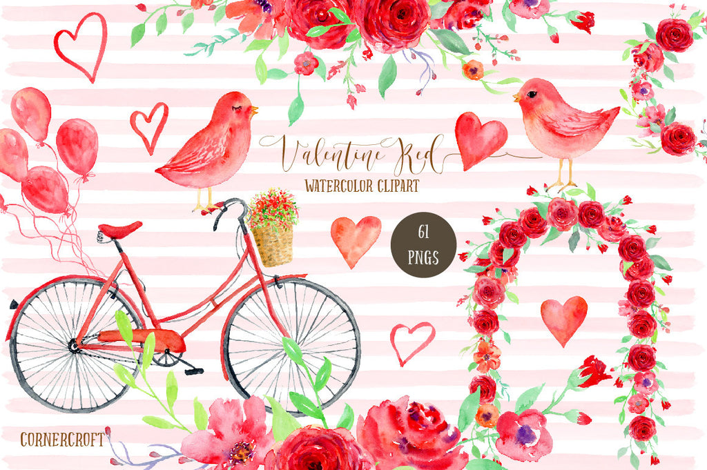 Watercolour clipart Valentine Red, red themed valentine illustration, for wedding, engagement.