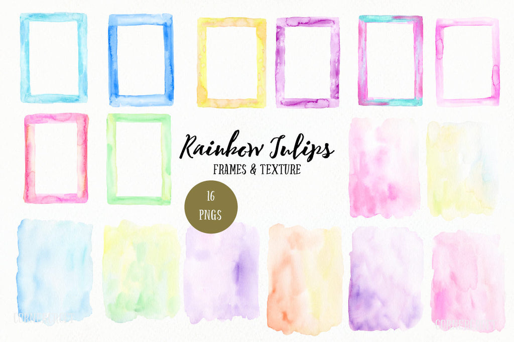 Watercolor texture and frames "rainbow tulips", pastel color background and texture, watercolor frame for greeting card design