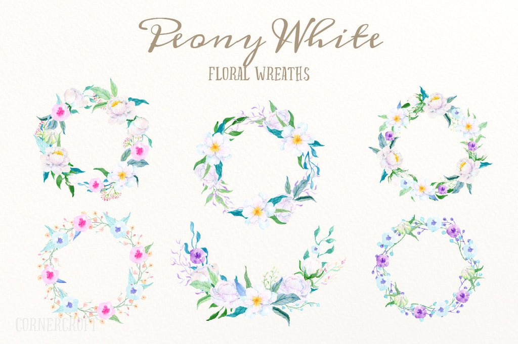 Hand painted watercolor white peony floral wreath, white peony composition for instant download. 