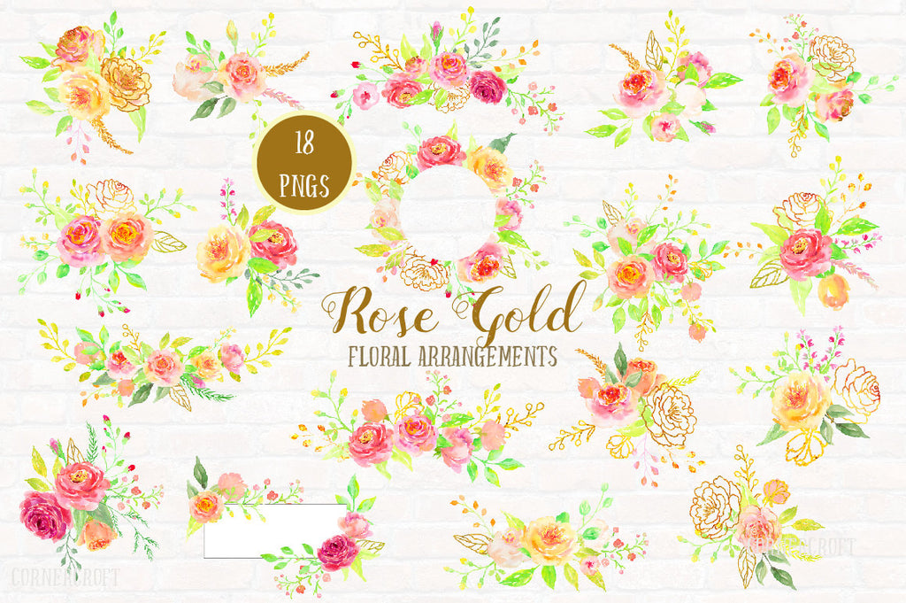 Watercolor Rose Gold Floral Arrangement, pink, peach, gold rose, rose posy, wreath
