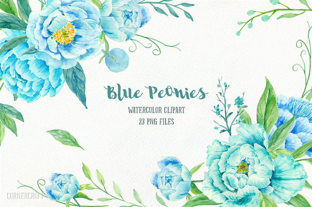eony Clip Art, Watercolor blue peony clipart, blue peonies, decorative elements, floral arrangements for instant download