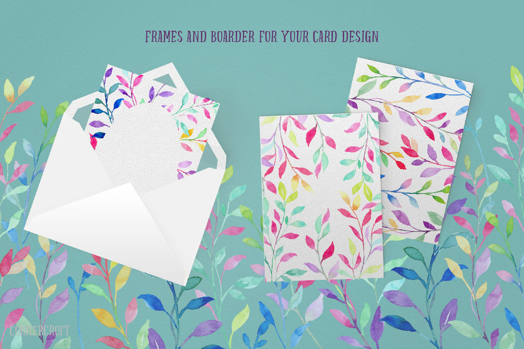 card design, watercolor colourful leaf, corner croft design.