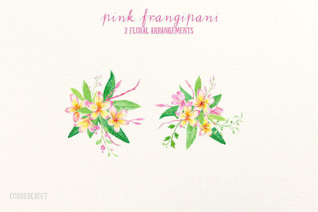 Frangipani Clip Art, Watercolor pink frangipani, green foliage, floral arranagments for instant download
