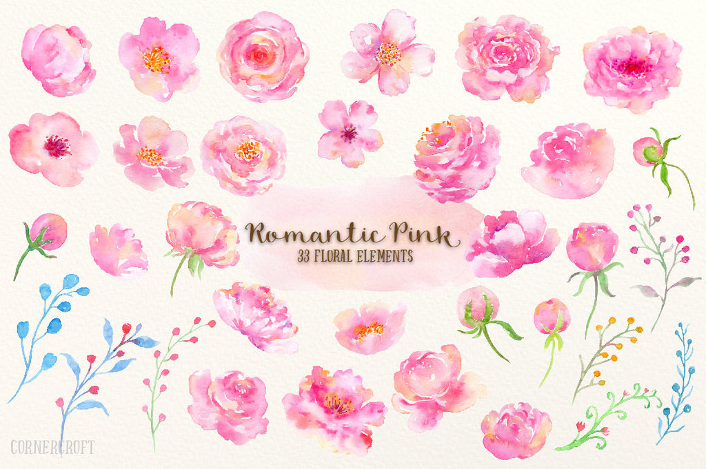 watercolor clipart, romantic pink, pink flowers, leaf, peach flower, watercolor illustration 