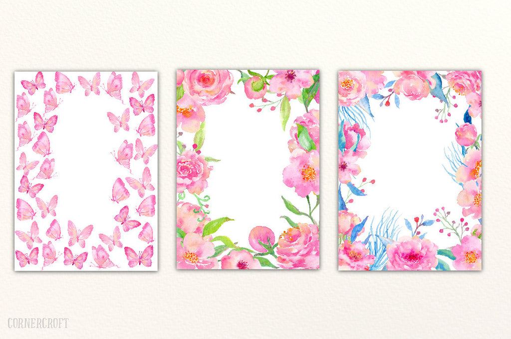 Watercolor Romantic Pink Wedding Invitation Graphics, card template, pink floral frame