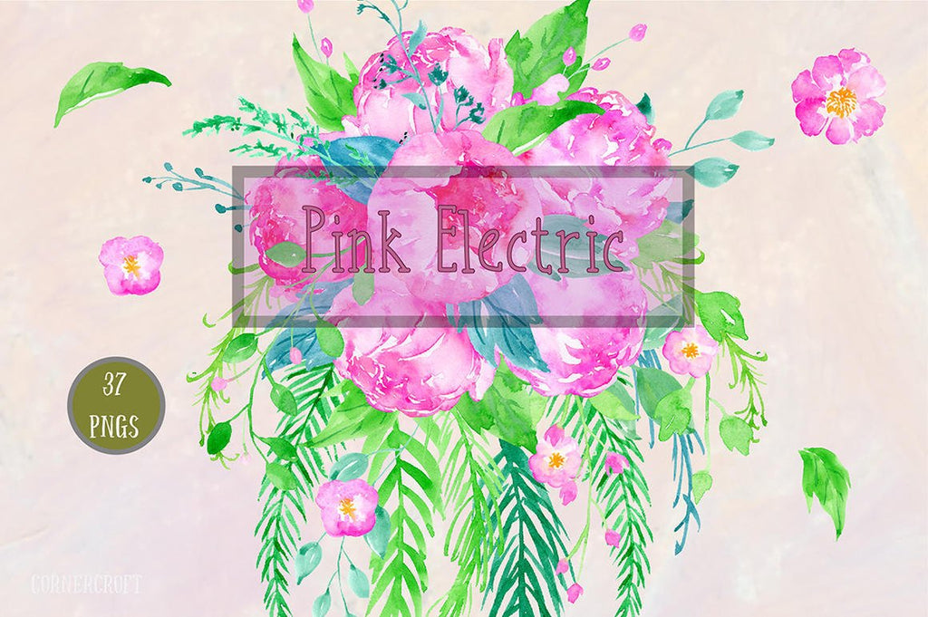 atercolor Clipart Pink Electric, bright pink and purple peonies, bouquet and floral frame for instant download