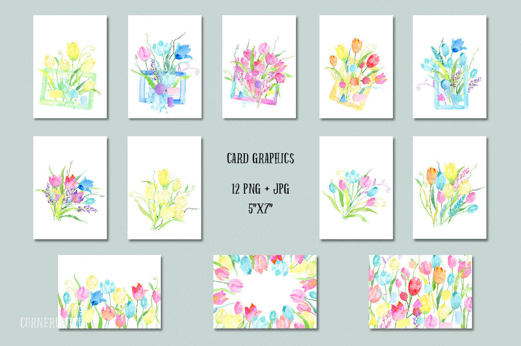 Watercolor Rainbow Tulips Greeting Card Graphics, card template, pink tulip, blue tulip, spring flower