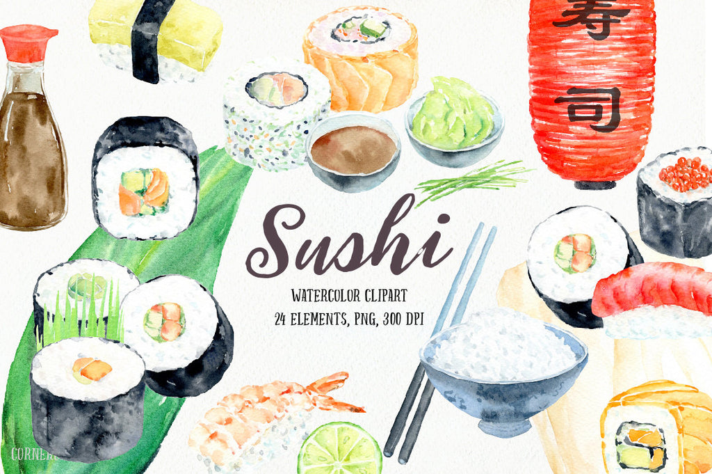 watercolor sushi, Japanese food, bit size dishes, Asian food including, sushi, rice and chopsticks, soy sauce, wasabi, lantern and decorative elements for instant download