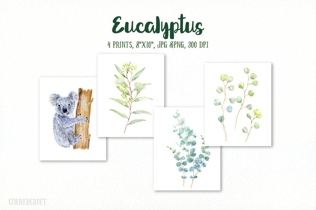 Hand painted eucalyptus watercolor leaves, flowers, oil bottles, koala and decorative leaves for instant download