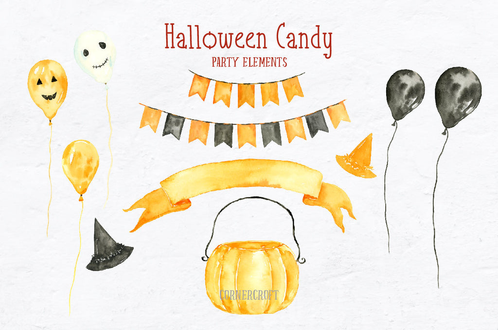watercolor Halloween Candies, halloween sweets, lollipops, cupcake, balloon, banner and buntings, party items